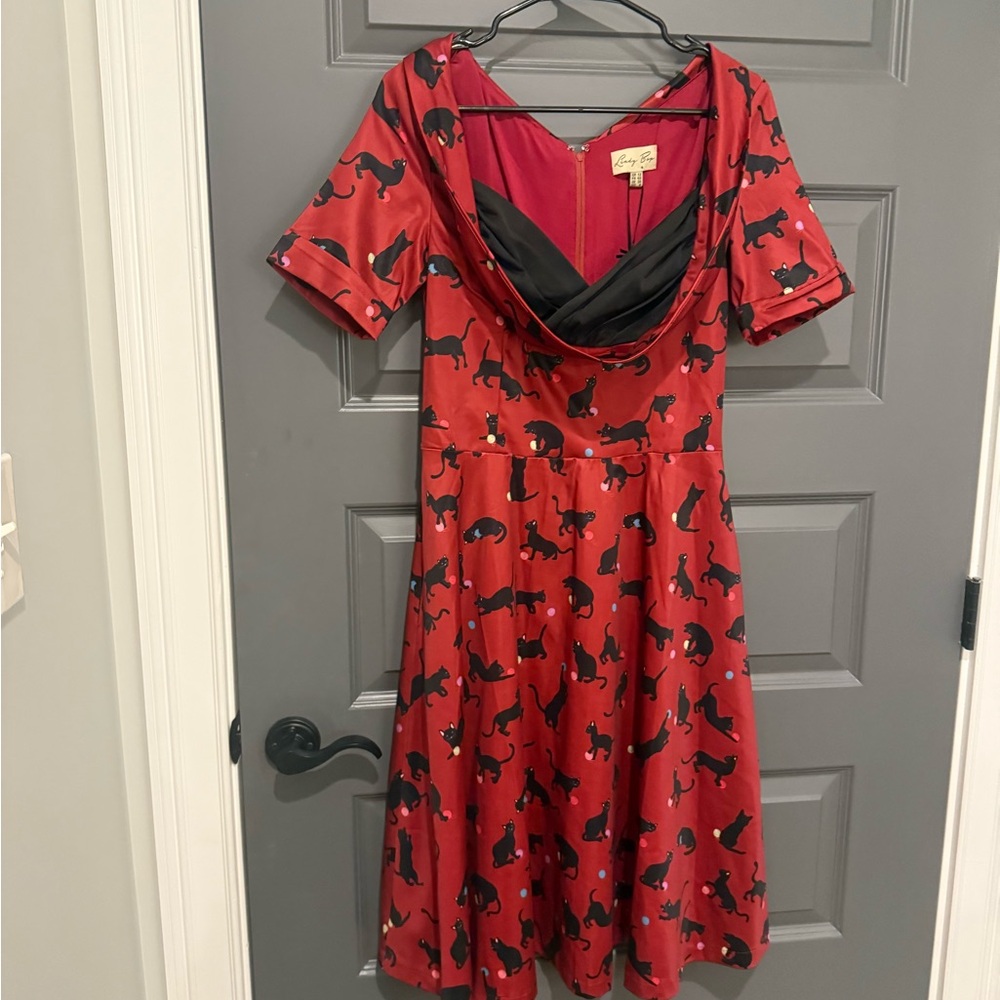 NWT Lindy Bop Red and Black Cat Print Dress - Picture 2 of 7